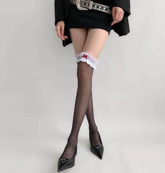 

1 Pair Black Patchwork Bow Lace Thigh-High Socks Women Summer Thin Pure Gentle Commute Style Daily Commute/Spring Picnic/Nationa One Size
