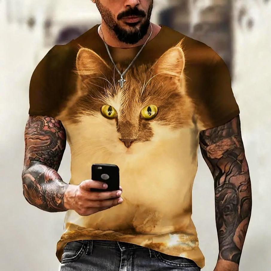 Summer Round Neck Animal Cat Pattern 3D Print Top Fashionable Casual Short Sleeved Men's T-shirts