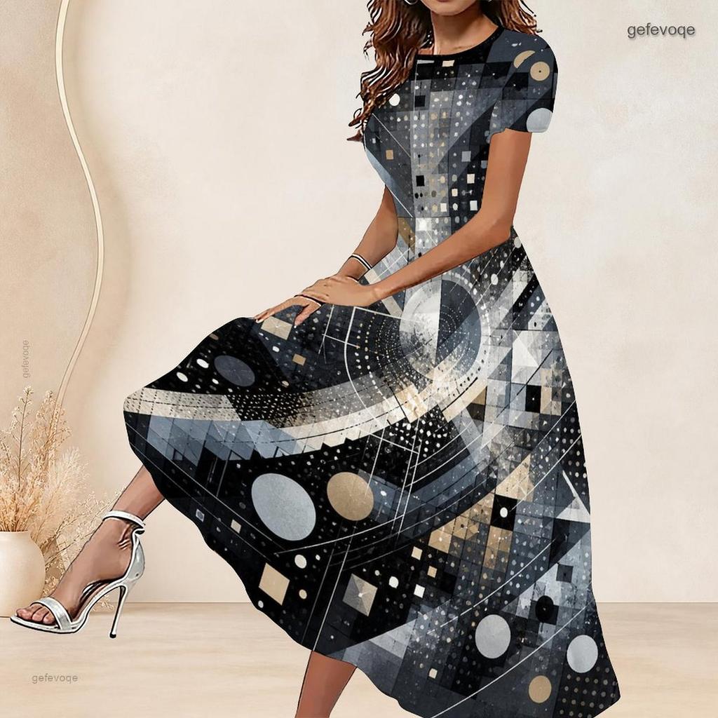 Women Plus Size Round Neck Short Sleeve Grey Black Printed A Line Long Dress