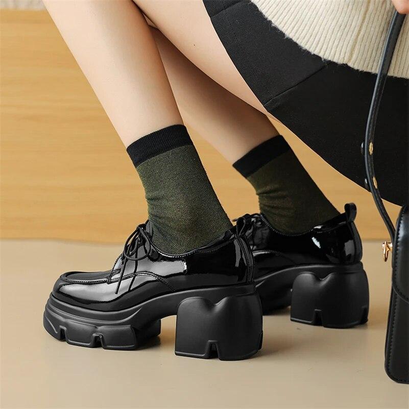 FOREADA Women Patent Leather Pumps Round Toe Platform Thick High Heels Lace-up Ladies Fashion Shoes Spring Autumn Black Beige