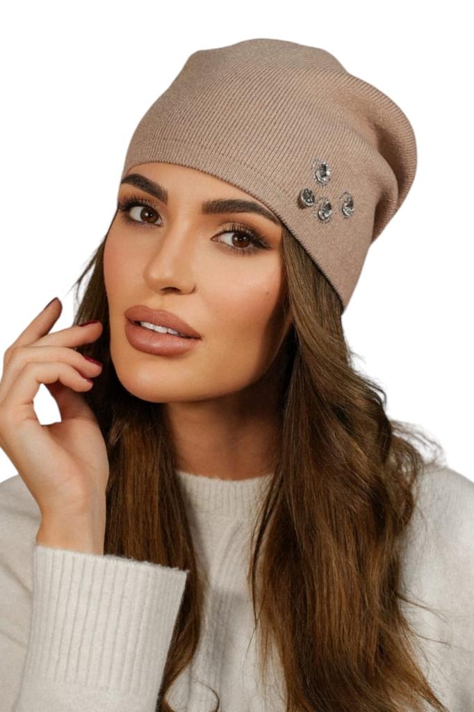 Women' Hat with Zircon Ornament, Autumn-Winter, Dark Beige Color, Kamea-Marcus
