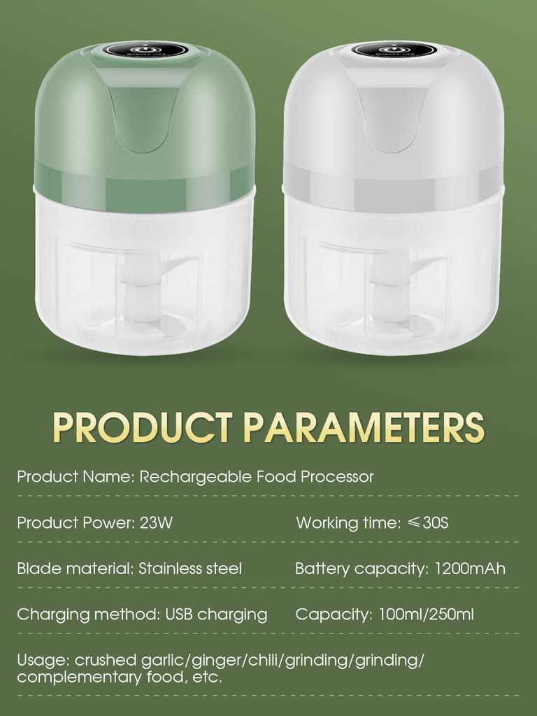 1PC USB Charging Meat Grinder 1200mAh Electric Mini Garlic and Vegetable Chopper 250ml Three-Blade Head & 100ml Two-Blade Head