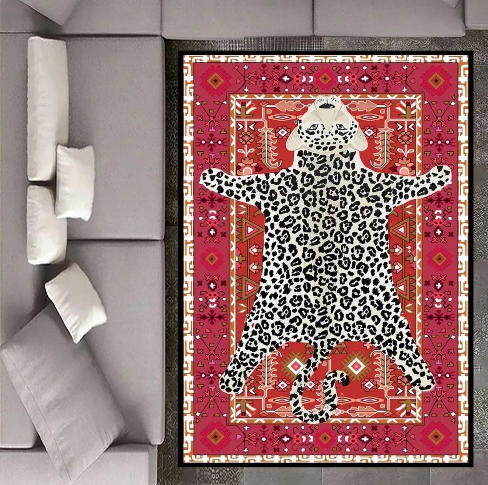 Leopard Pattern Rug Red Animal Print Rug for Living Room and Offices Washable Carpet Living Room Bedroom Decor Rug Anti-Slip Mat