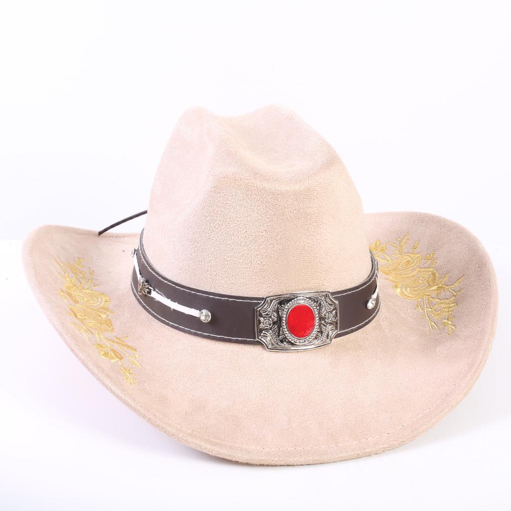Popular European and American Classic Suede Western Cowboy Hat Men's and Women's Big Brim Embroidered Outdoor Sun Hat