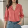 ZANZEA Women Casual V-Neck 3/4 Sleeve Loose Plain Blouse