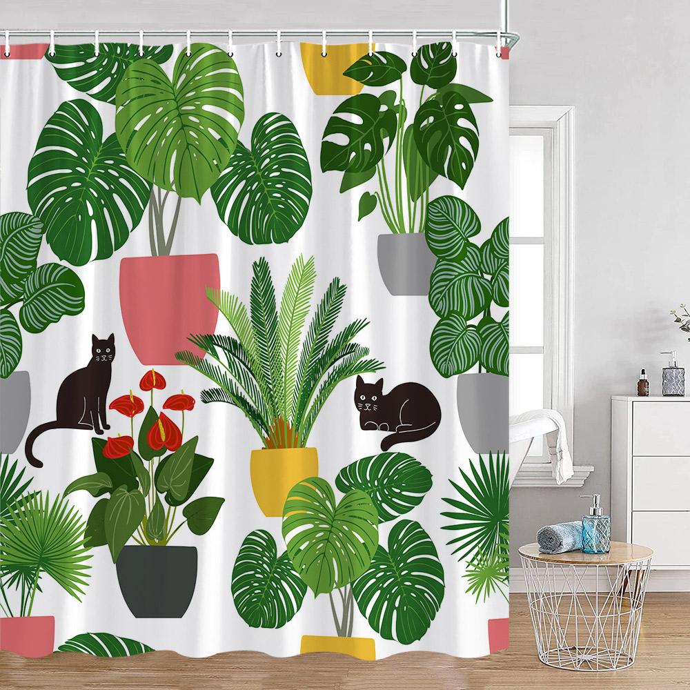 Grüne Topfpflanzen Duschvorhänge Cartoon Katzen Hängende Tropische Blätter Dekorationen Für Bad Polyestergewebe Badezimmervorhang