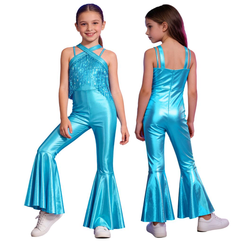 Metaliczny Kostium Body do Tańca Disco dla Dzieci: Bezrękawnikowy kombinezon z cekinami i frędzlami, z tyłu na niewidoczny zamek błyskawiczny i rozszerzanymi nogawkami