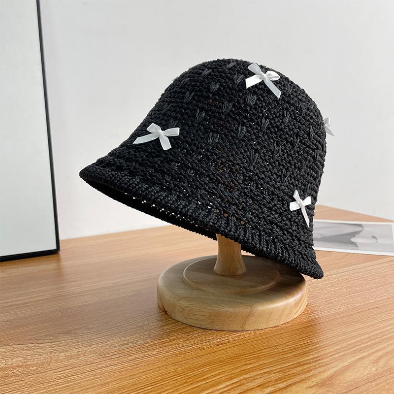 Bow Woven Fisherman'S Hat Children Summer Hollow Breathable Straw Hat Sunshade Sunscreen Bucket Hat Showing Face Small Basin Hat