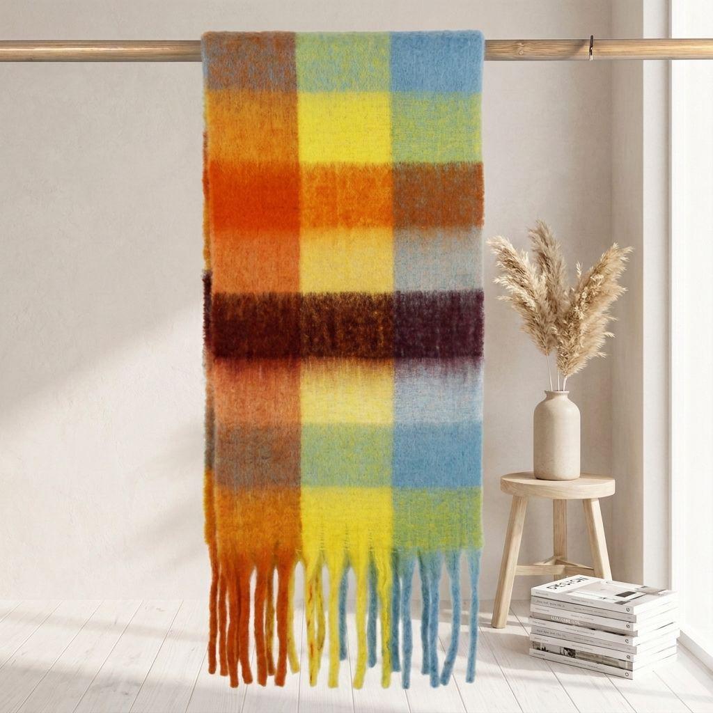 Women's High-Grade Colorful Plaid Mohair Scarf - Thick, Warm, and Versatile for Winter