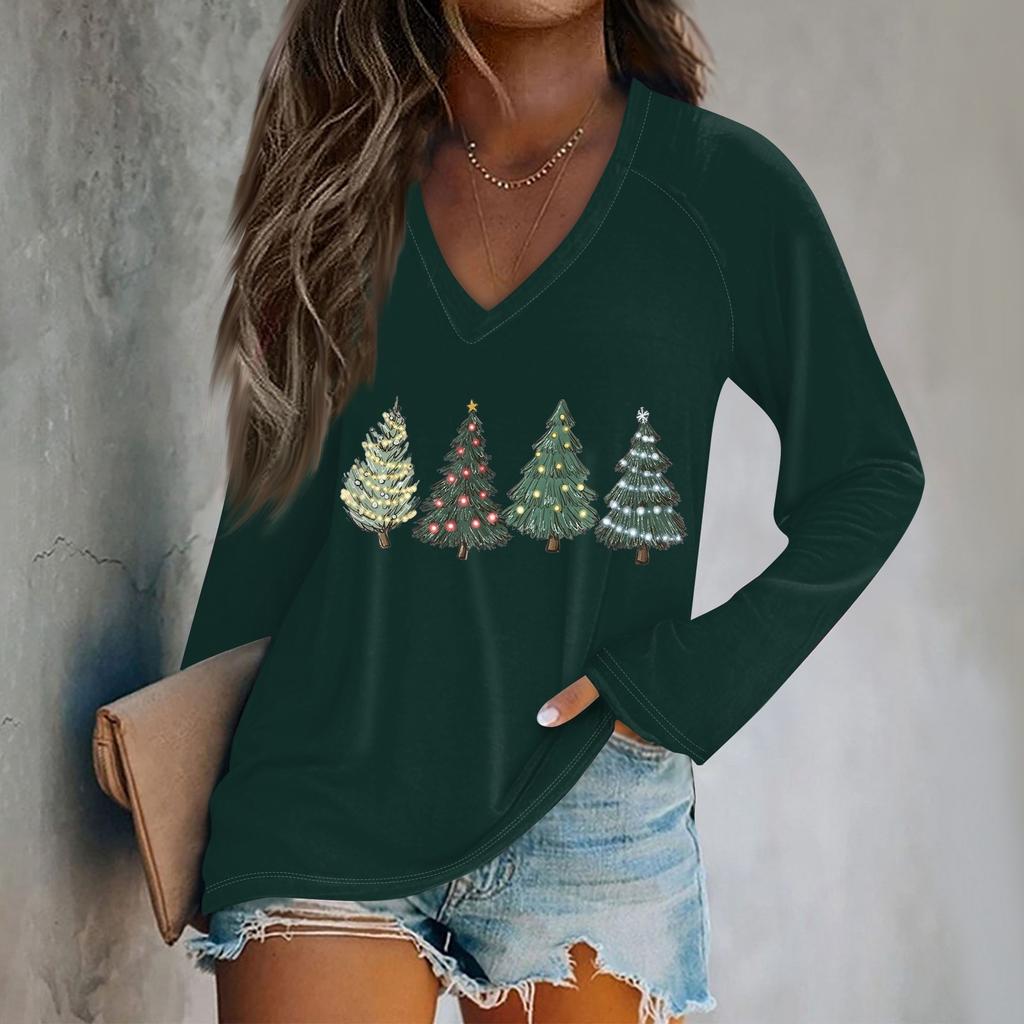 Top Blusa Casual da Donna con Stampa Grafica Natalizia a Manica Lunga con Scollo a O