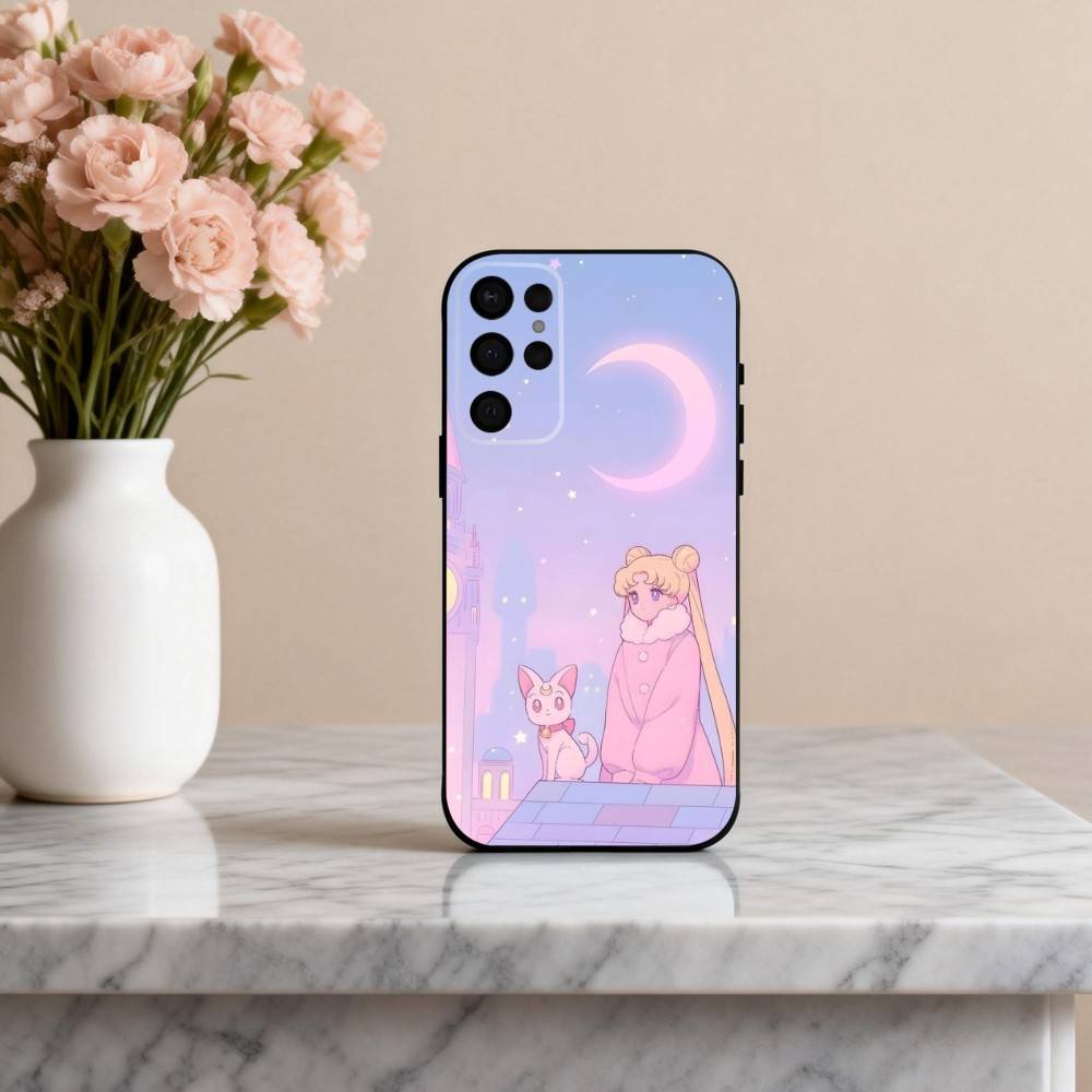 Sparkle Pastel S-Sailor M-Moons Phone Case For Samsung S25,24,23,22,30,21,10,9,Ultra,Plus,Lite,FE,4,5 G Soft Black Case