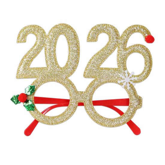 2026 Nyttårsfest Briller Lett Rød Glitter Brilleinnfatning med Snøfnugg Kristtorn Dekorasjon Festlig Paljett Hårbøyle
