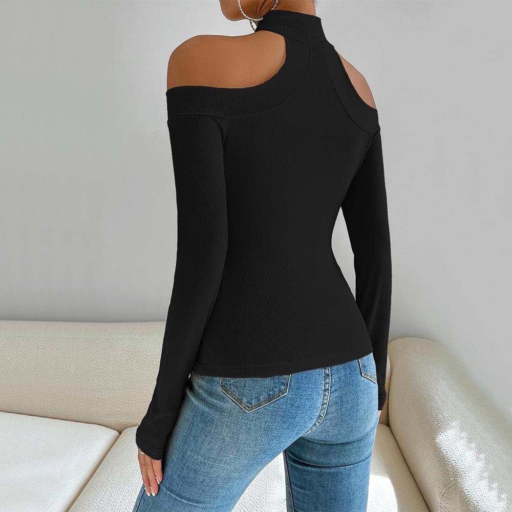New Women'S Clothing For Autumn And Winter, Sexy Off Shoulder Slim Fit Knitted Long Sleeved T-Shirt, Versatile Top With Temperament