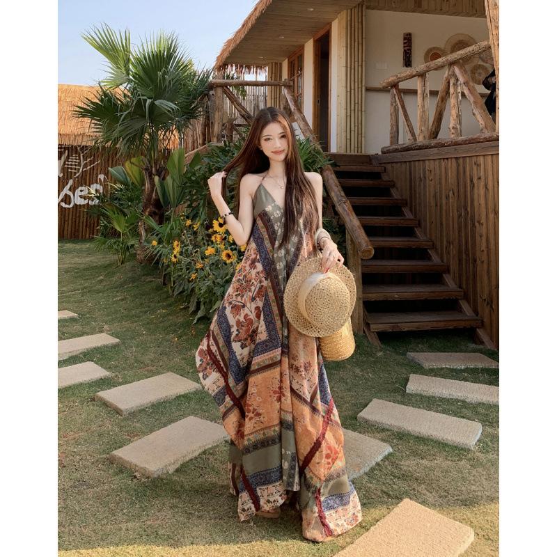 Bohemian ethnic style print suspender skirt women's loose leisure vacation dress beach front and rear wear