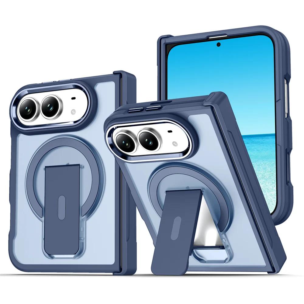 Folding Holder Stand Magnetic Phone Case For IPhone Duo IPhone Duo 18 Ultra Hinge Armor Solid Color Frosted Translucent Cover