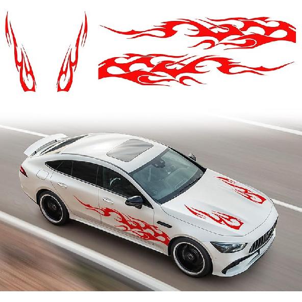 RUIANTE 4PCS Universal Racing Body Side Stripe Skirt Decals, Auto Hood & Sides Door Decoration Flame Pattern Graphics Vinyl Sticker For All Cars,