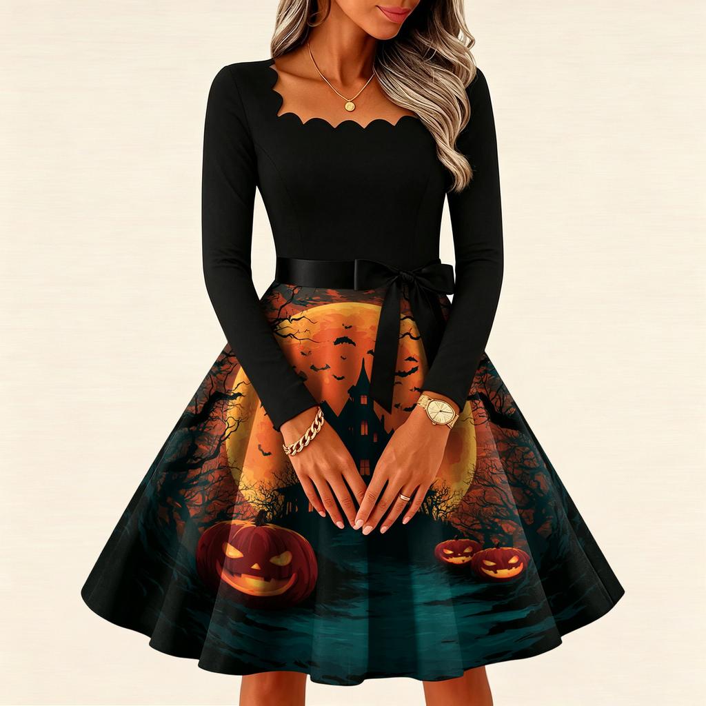 Women's Vintage Long Sleeve Square Neck Halloween Printed Party Dress for Evening Wear