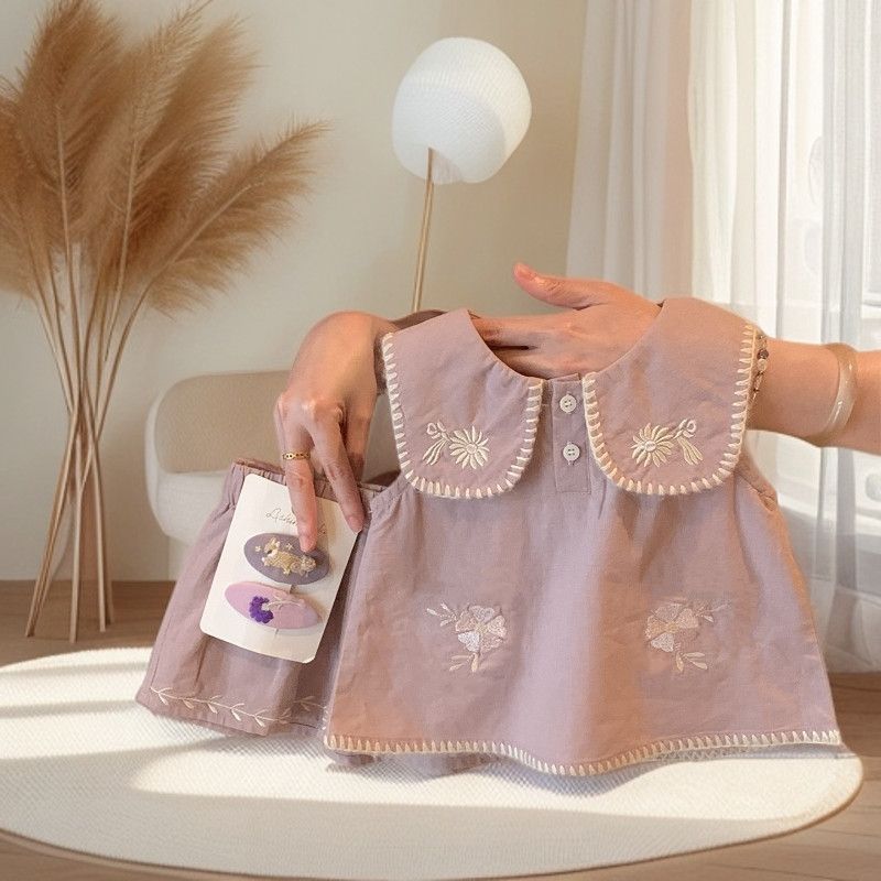 Girls Sleeveless Embroidered Top and Shorts Set for Kindergarten Summer Outfit