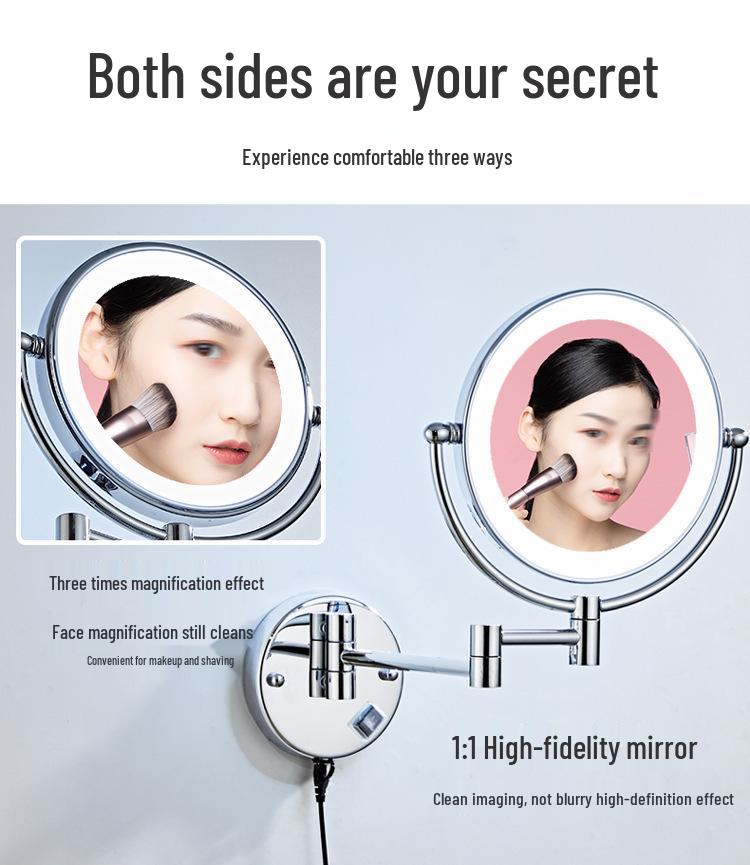 LED Bathroom Vanity Mirror with Folding Makeup Light - Wall-Mounted for Home & Hotel Use