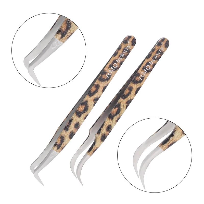 2Pcs Leopard Lash Tweezers Stainless Steel Superhard Tweezer 3D Volume Accurate Anti-Static Eyelash Extension Clip Beauty Tools