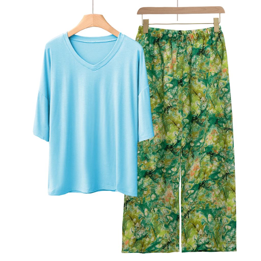 Pajamas Women's Spring and Summer New V-neck Short-sleeved Cotton and Linen Pants European and American Large-size Loungewear Two-piece Set