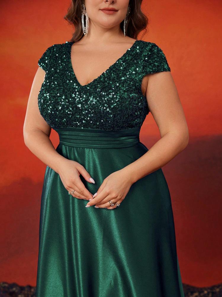Elegant V-Neck Sequin Evening Gown - Satin A-Line Long Dress for Women