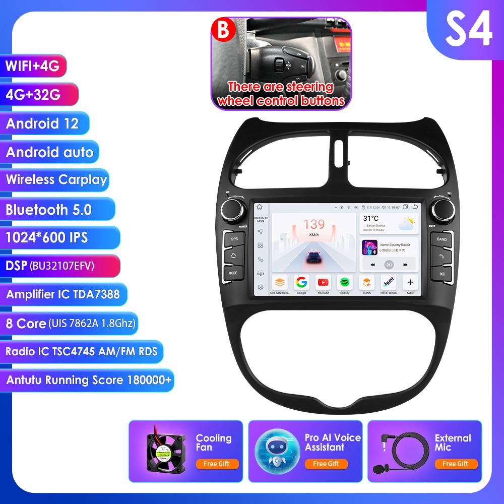 

OSSURET Интеллектуальный 7862 Android Автомагнитола для Peugeot 206 206CC 206SW 2000 -2008 Автомобильная стереосистема Мультимедиа Аудио Беспроводной Carplay 7-дюймовый головной блок B S4 8Core 4G 32G AI