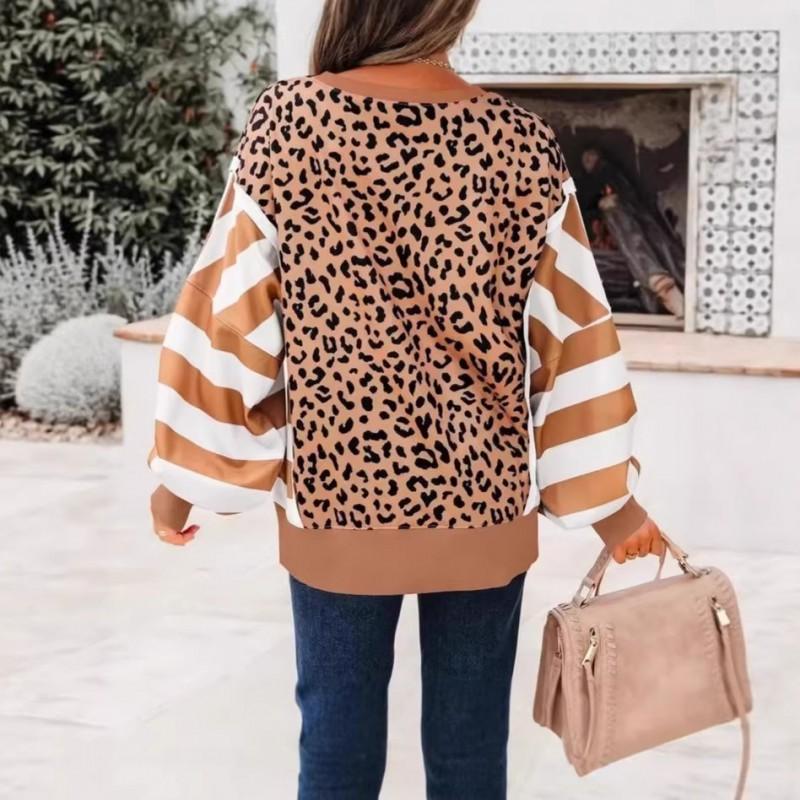 Womens Casual Oversized Round Neck Sweatshirt With Leopard Print Patchwork Stripe Design 2026