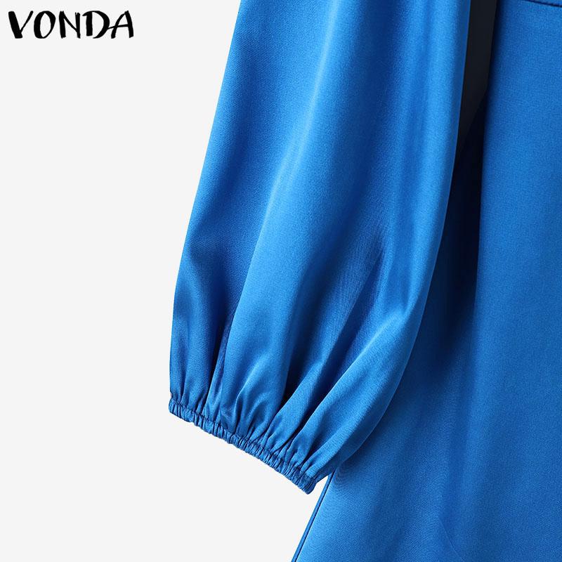 VONDA Women Autumn V-Neck Lantern Long Sleeve Dresses