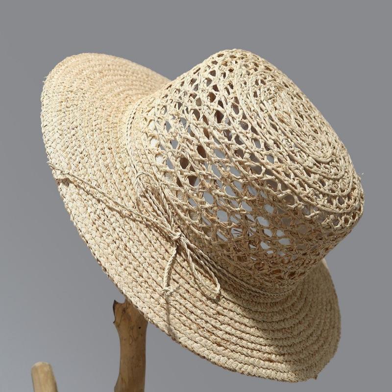 Hollow Bow Flat Top French Raffia Straw Hat Women's Summer New Top Hat French Seaside Sand Shows Small Face