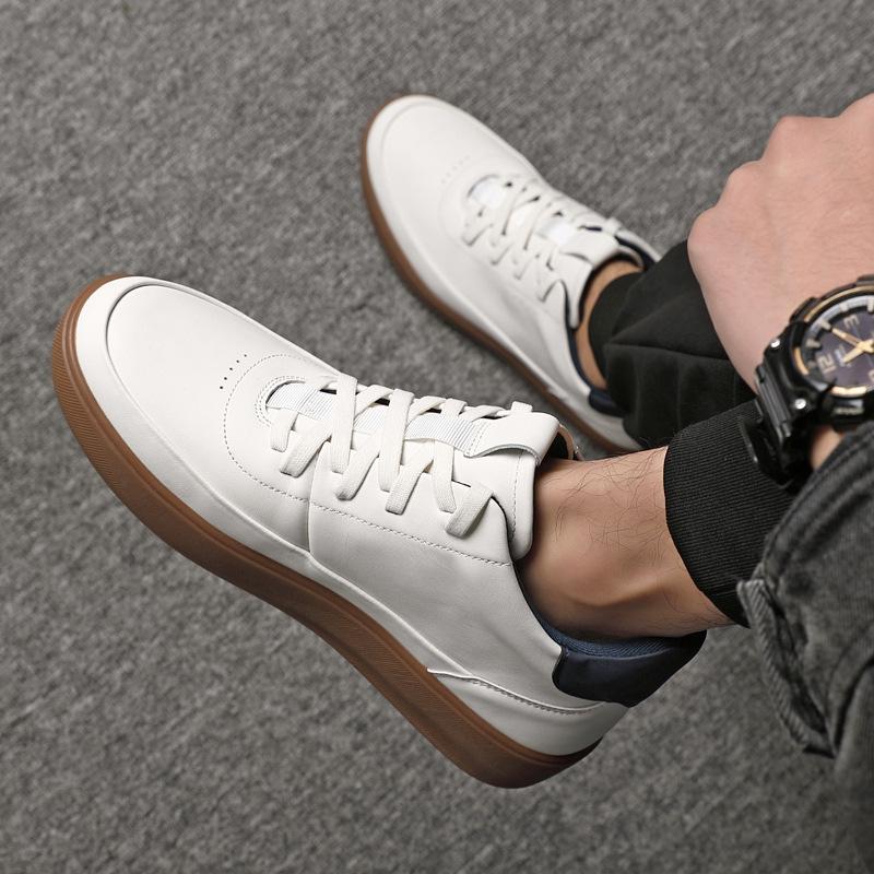Men'S Autumn Winter Genuine Top Layer Cowhide High-Top Skate Shoes, Light Luxury Thick Sole German Trainers, Versatile White Casual Sports Sneakers