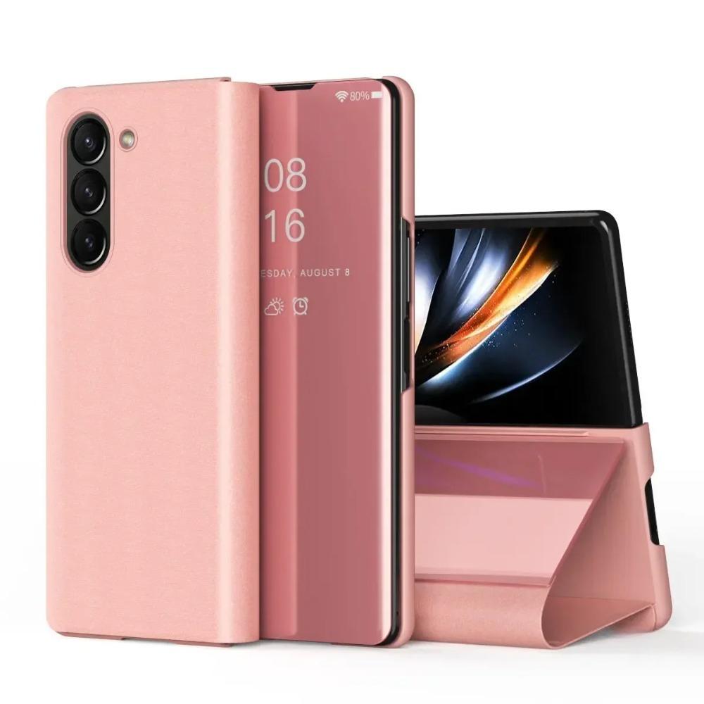 

High-end Leather Flip Case For Samsung Galaxy Z Fold 7 6 5 4 3 5G Plating Mirror Smart View Business Anti-fall Protective Cover Galaxy Z Fold4 рожевий колір золота