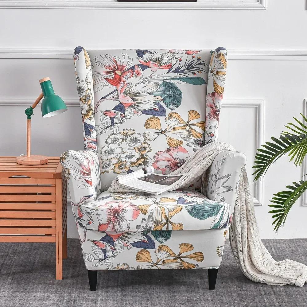 Flower Bohemia Style Wing Chair Cover Stretch Spandex Armchair Slipcover Single Sofa Covers Furniture Protector