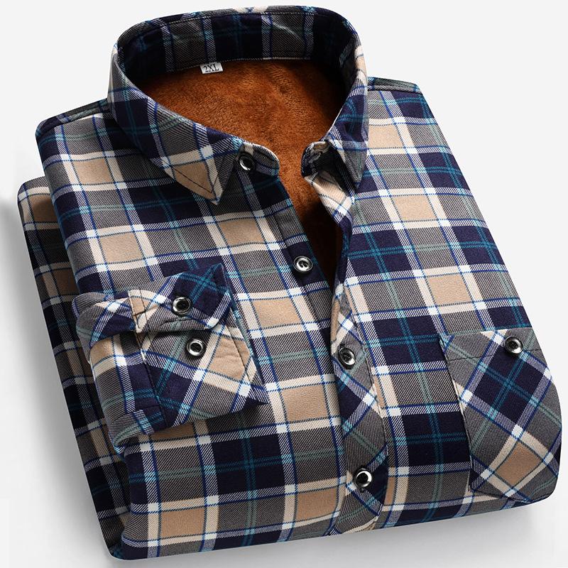 Men Fleece Lined Thick Warm Stand Collar Long Sleeve Plaid Casual Business Shirt