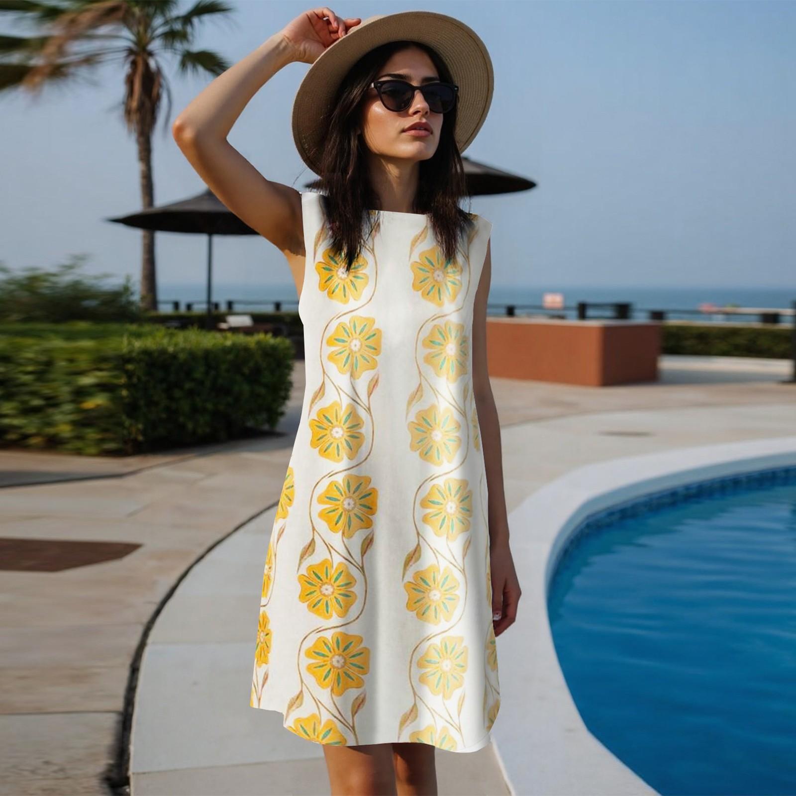 

Women s Fashionable Round Neck Sleeveless Straight Tube Floral Print Casual Dress L оранжевый