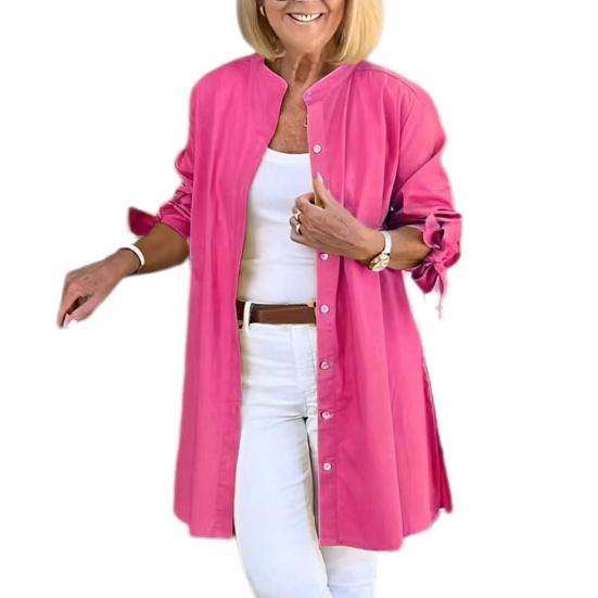 Women Long-Sleeved Shirt Commuter Solid Color Loose Fit Top Round Neck Mid-length Shirt for Work Parties Vacation