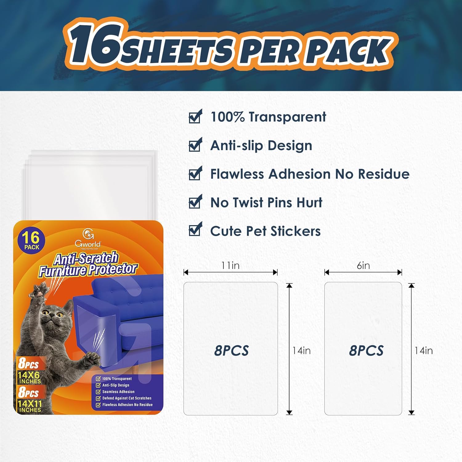 NO PINS Pain Cat Scratch Furniture Protector-16 Pack Thicken Self-Adhesive Single Side Couch Protector from Cat Claws,Furniture Protectors from Cats