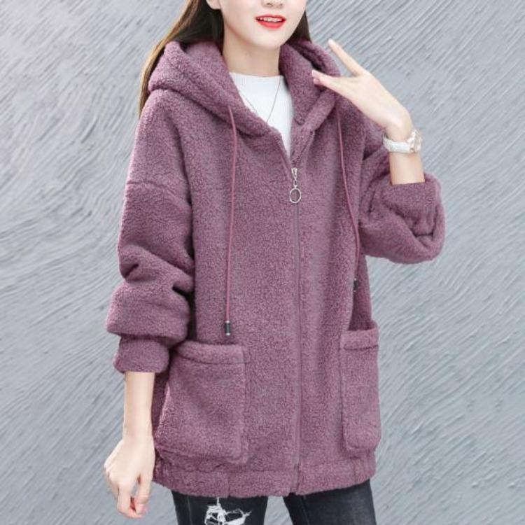 Winter Warm Plush Zipper Cardigan Jacket Women Coat Thick Solid Color Pockets Long Sleeves Loose Outdoor