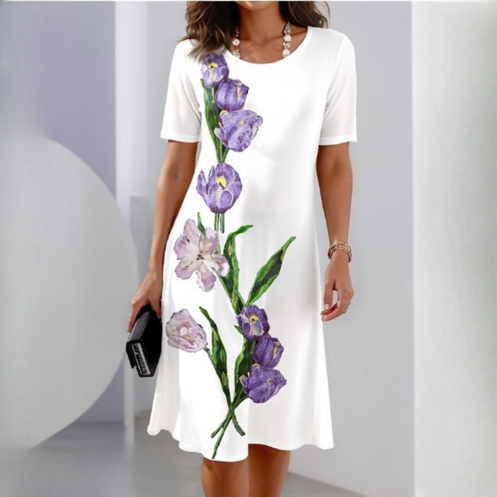 IHUASU Floral Print Fashion Casual Loose Women's Big Size O-Neck Dresses