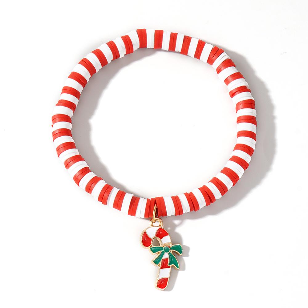 Christmas Clay Beaded Bracelet with Tree, Snowman, Bell & Reindeer Pendants In Red, White & Green - Festive Hand Jewelry