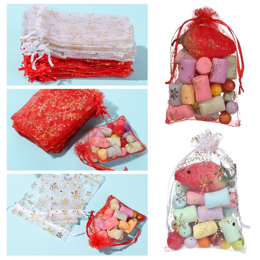 Red/White Snowflake Design Jewelry Packaging Bags Gift Pouches Drawstring Candy Pouch Organza Bags