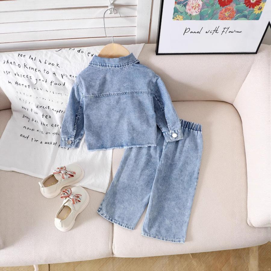Autumn/Winter New Style Girls' Outfit Set Embroidery Bow Long Sleeve Jacket + Pants Denim Set