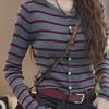 Women's Gray Striped Knitted Cardigan Coat - Round Neck, Long Sleeve, Slimming Inner Layer Sweater Top