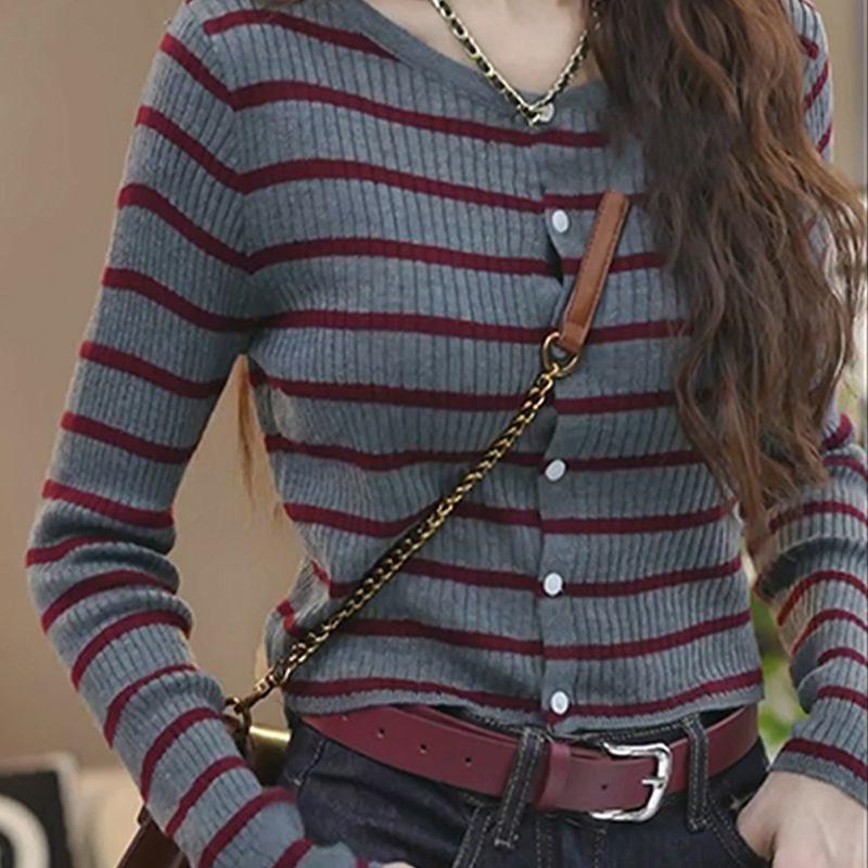 Women's Gray Striped Knitted Cardigan Coat - Round Neck, Long Sleeve, Slimming Inner Layer Sweater Top