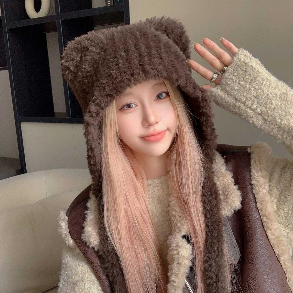 Bear Ears Woolen Knitted Hat for Women In Winter Showing Face Small Plush Cute Ear Protection Warm Big Headband Cold Hat