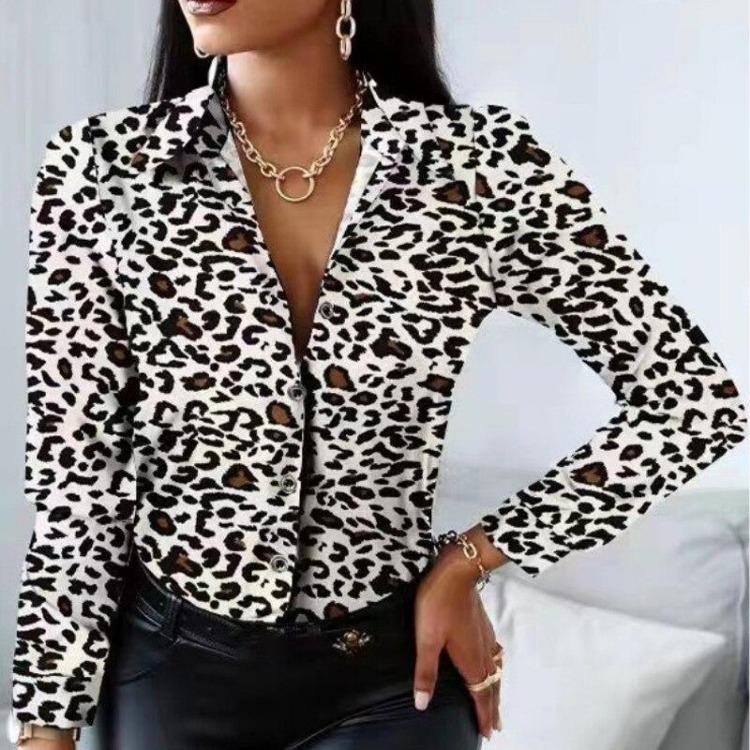 Casual Button Up Leopard Print Long Sleeve Office Shirt Tops Turn Down Collar Women Blouse Fashion 18972