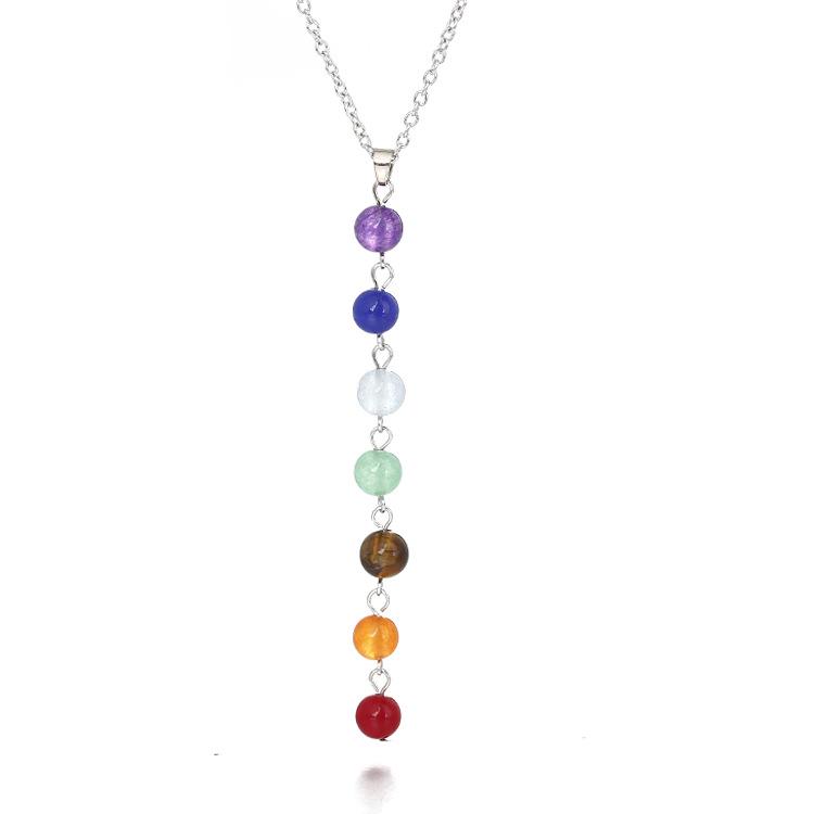 Seven-Color Stone Bead Pendant Yoga Mala Necklace with Charm