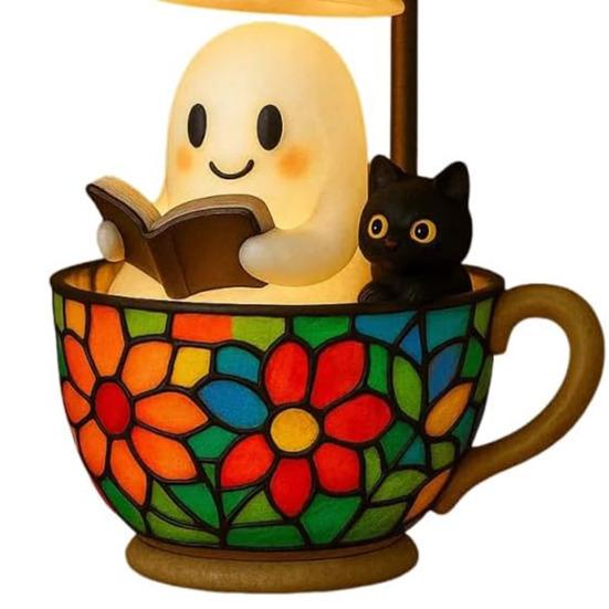Reading Ghost Cat Night Light Halloween Black Cat White Ghost Cup Lamp Home Bedroom Kids Room Decoration Book Lovers Gift