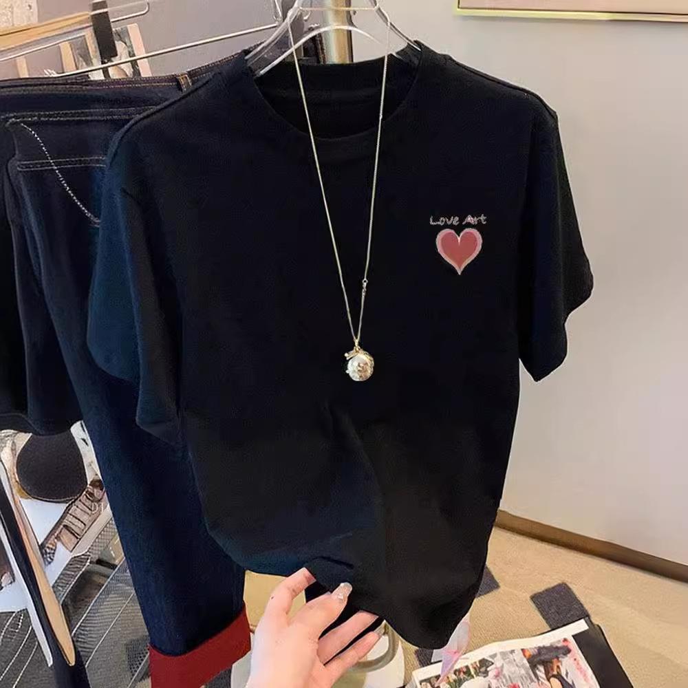 2025 spring and summer new white cotton short-sleeved t-shirt women's loose versatile round neck age-reducing cartoon printed top