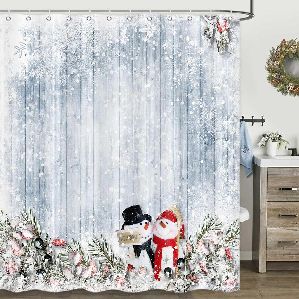 Blue Christmas Shower Curtain, Winter Snowflake Shower Curtains Set with 12 Hooks, Holiday Home Decor Fabric Shower Curtains
